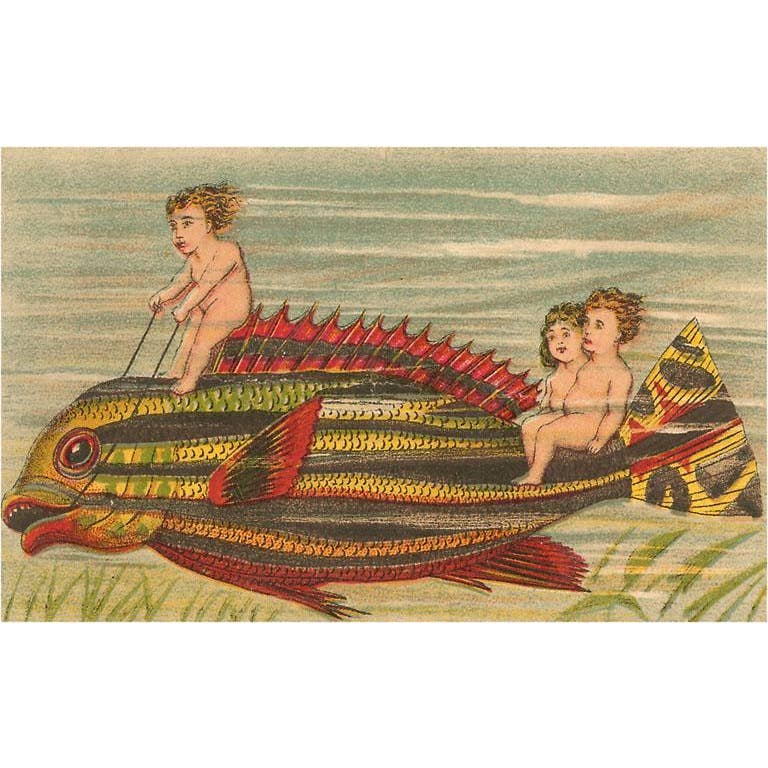 Found Image Print - Victorian Children Riding Fish